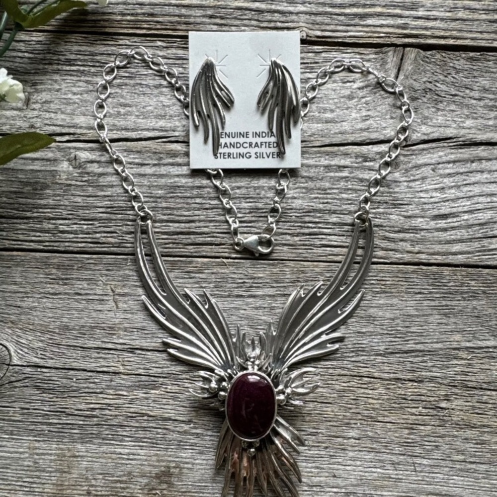 Navajo Sterling Silver Purple Spiny Oyster Chain Lariat Y Necklace Earrings Set - Picture 2 of 12